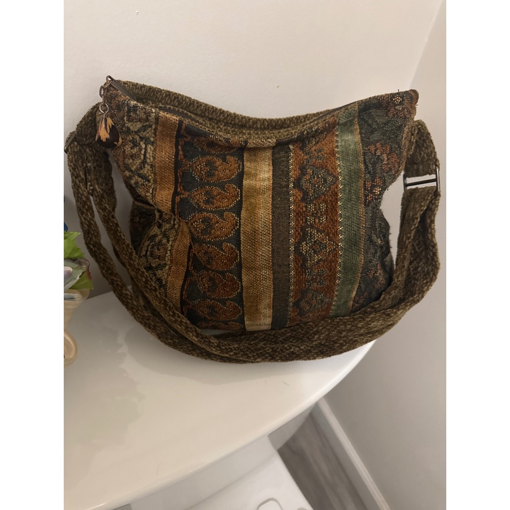 A. Ruiz New York Handcrafted Tapestry Hobo Bag Chenille Strap Earthy Boho Brown